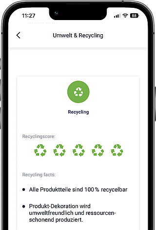 Ansicht einer Smartphone-App mit Infos zur Recyclingfähigkeit eines Produktes